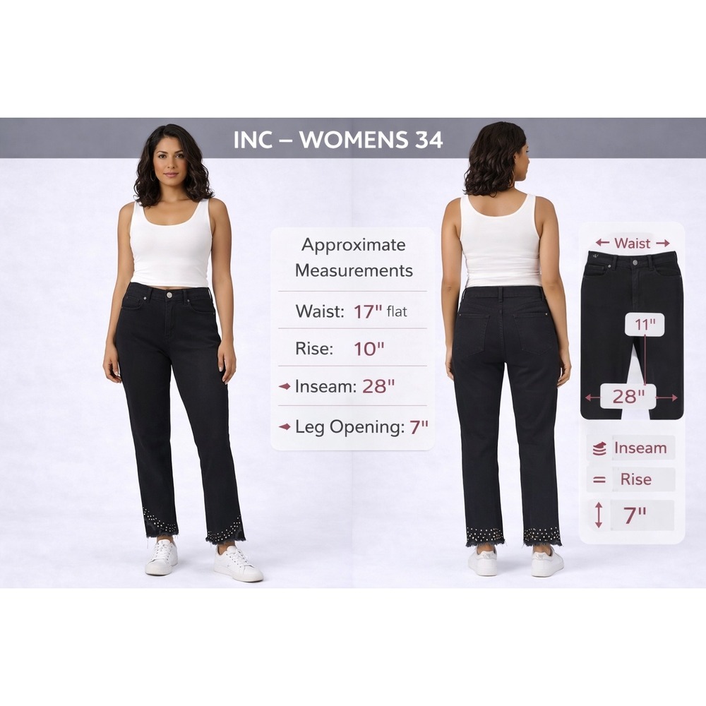 INC International Concepts Womens 34 Black Studded Raw Hem Straight Leg Jeans